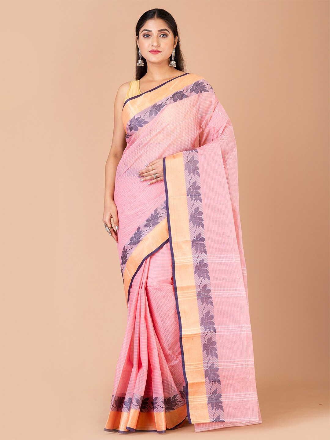 

Laa Calcutta Striped Pure Cotton Taant Saree With Woven Border, Pink