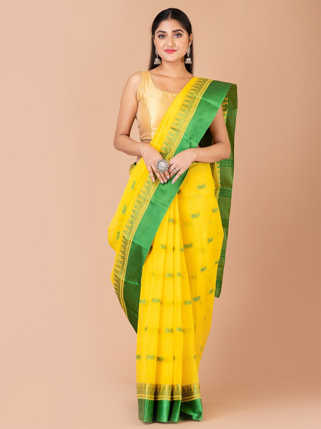 

Laa Calcutta Paisley Pure Cotton Taant Saree, Yellow