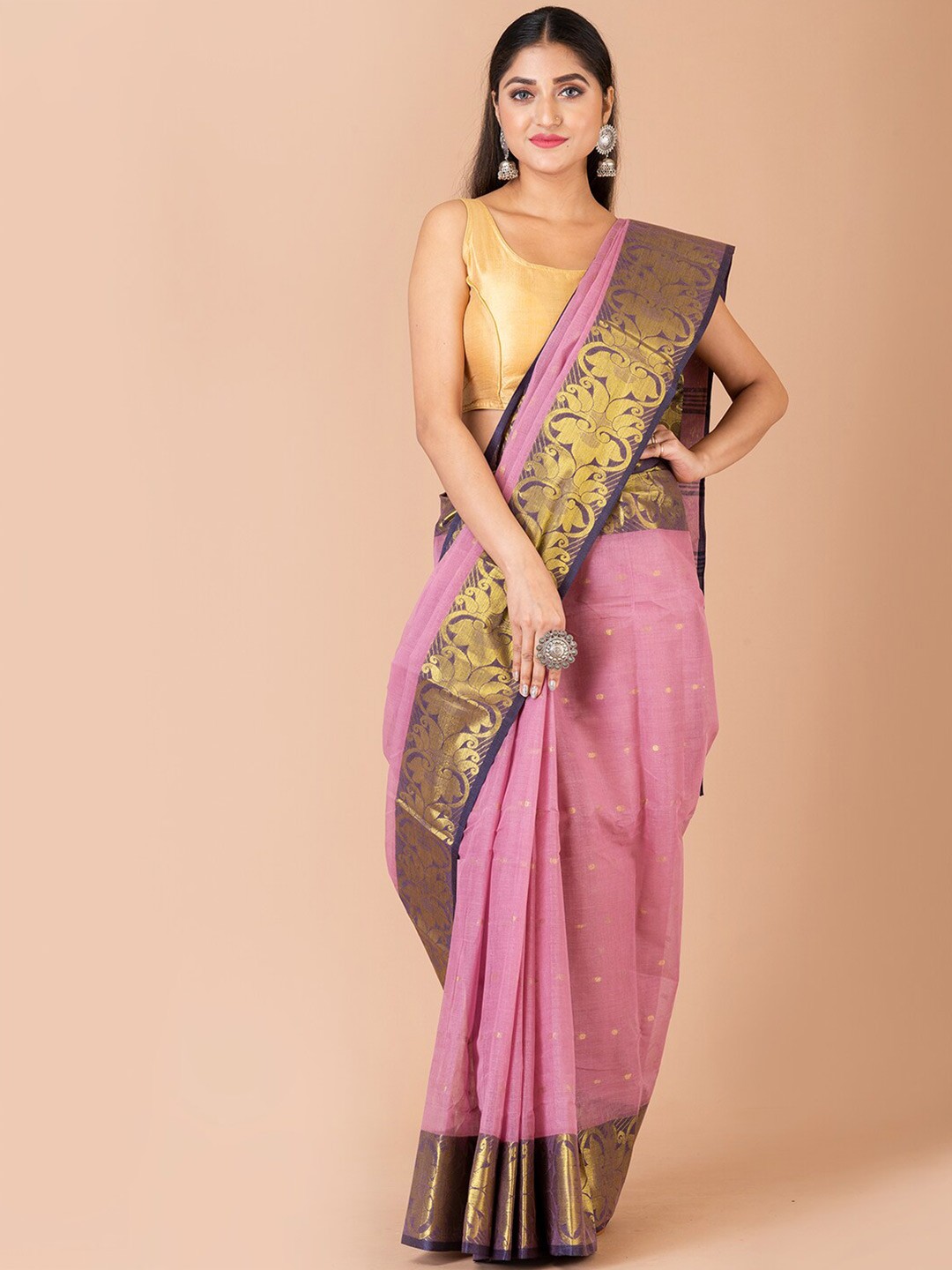 

Laa Calcutta Woven Design Zari Pure Cotton Taant Saree, Mauve