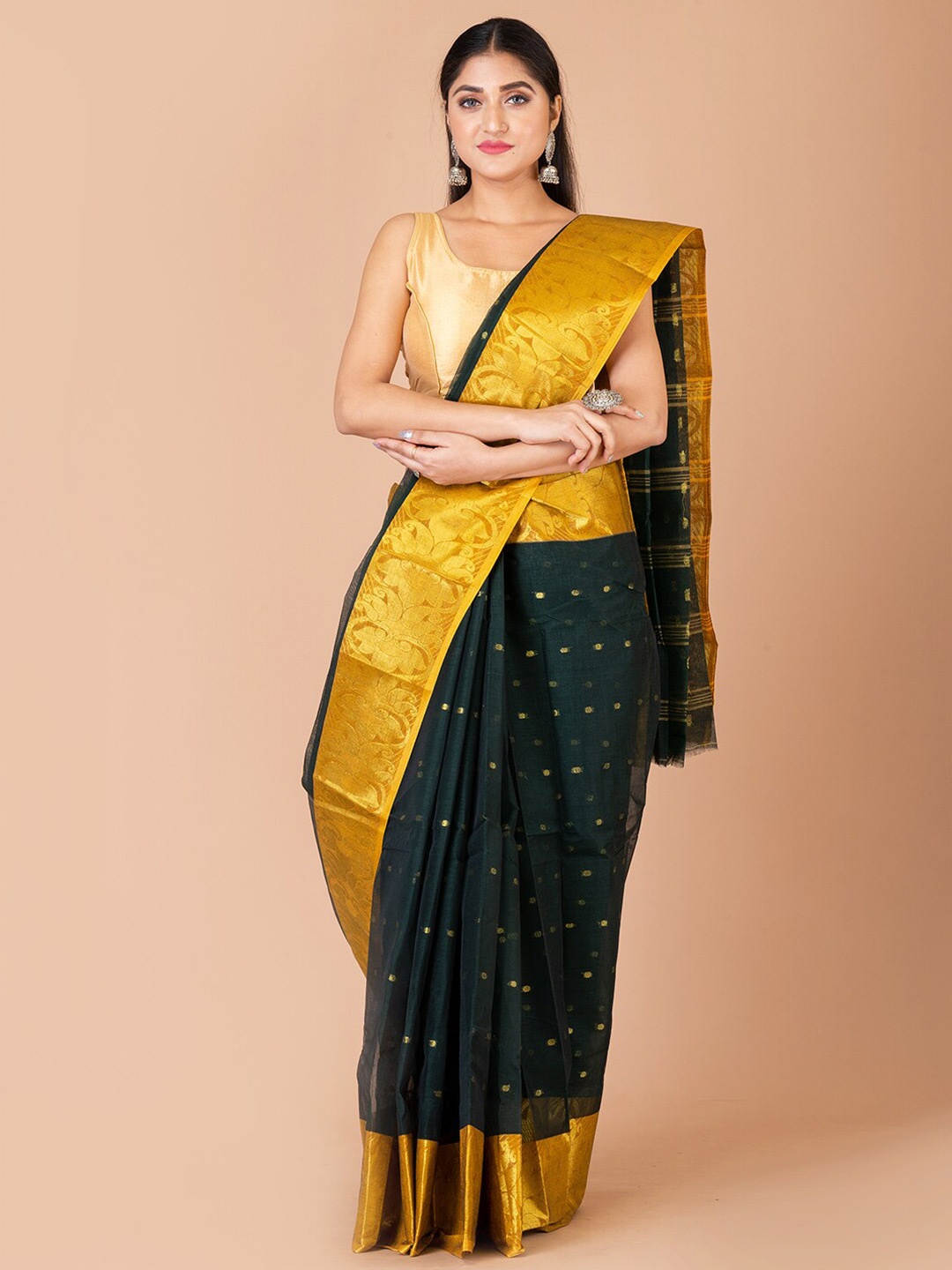 

Laa Calcutta Woven Design Zari Pure Cotton Taant Saree, Green