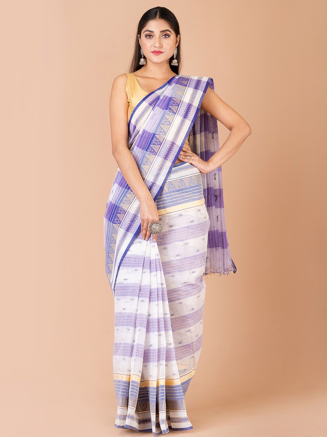 

Laa Calcutta Woven Design Pure Cotton Taant Saree, White