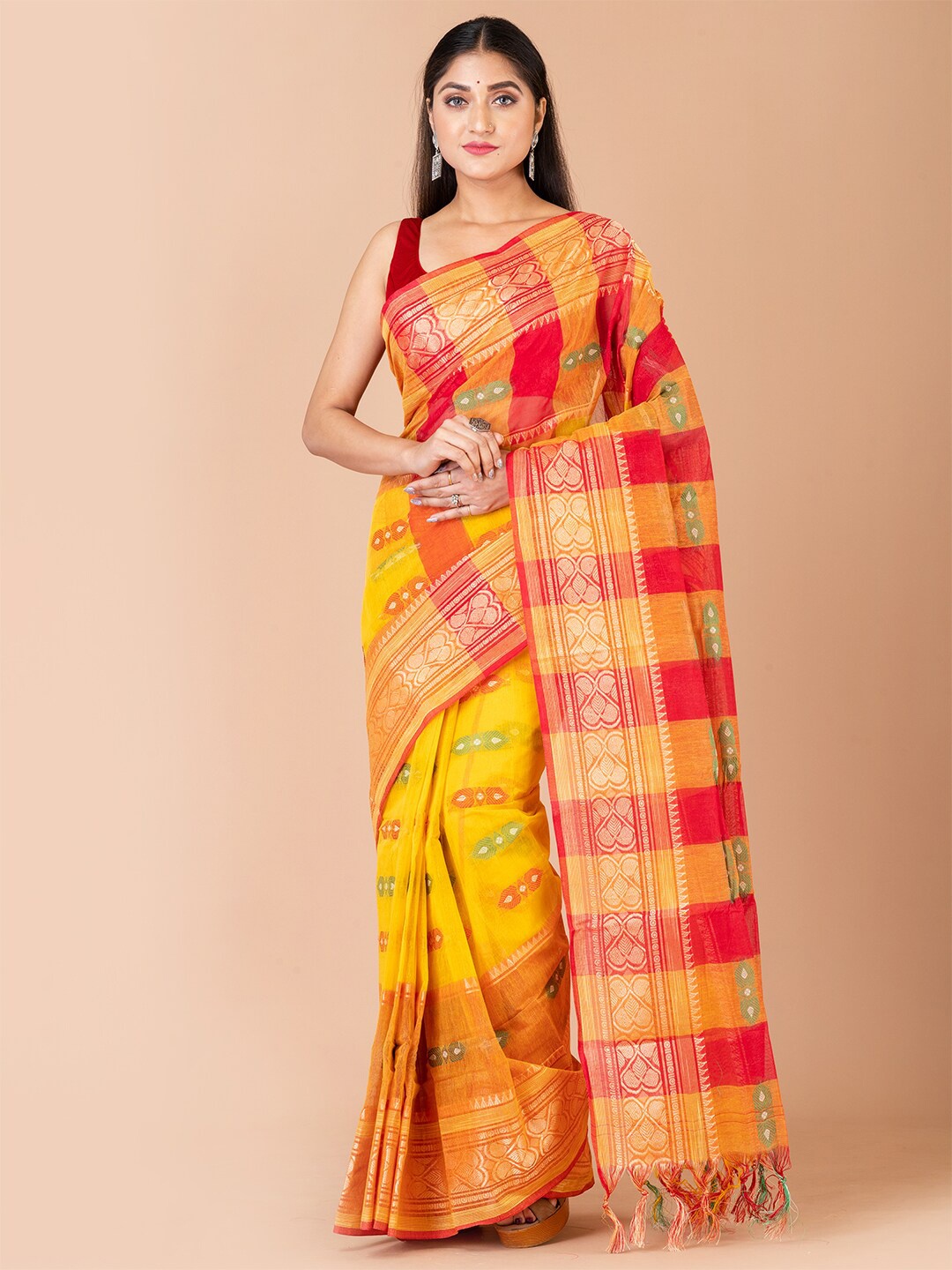 

Laa Calcutta Ethnic Motif Pure Cotton Taant Zari Saree With Tassel, Yellow
