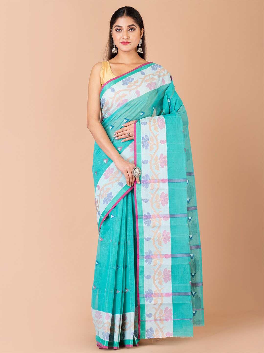 

Laa Calcutta Floral Woven Design Pure Cotton Taant Saree, Sea green