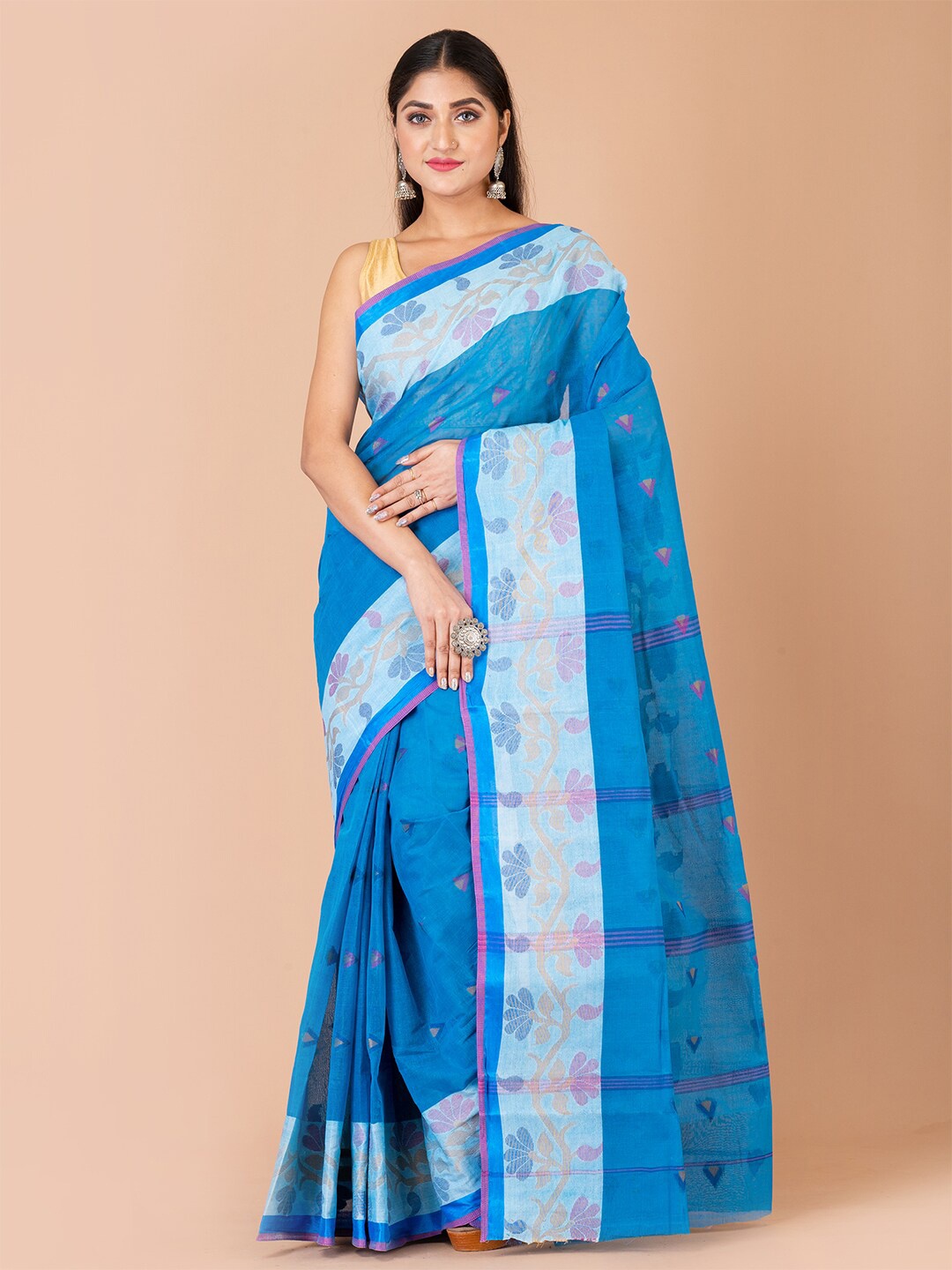 

Laa Calcutta Floral Woven Design Pure Cotton Taant Saree, Teal