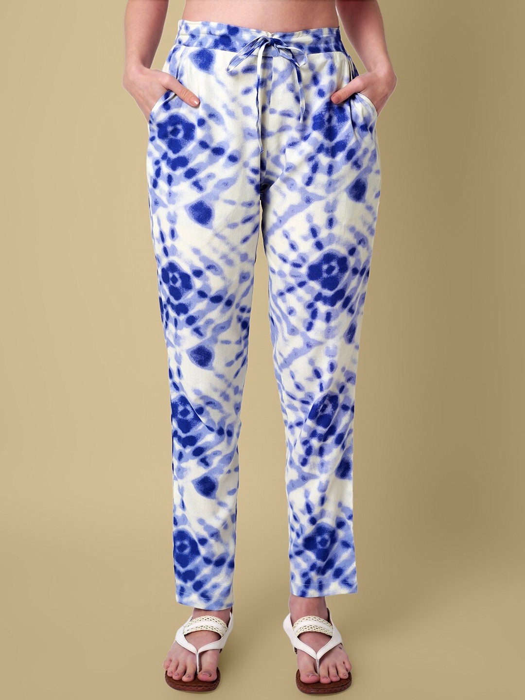 

DAEVISH Women Smart Tie & Dye Mid Rise Easy Wash Straight Fit Trousers, Blue