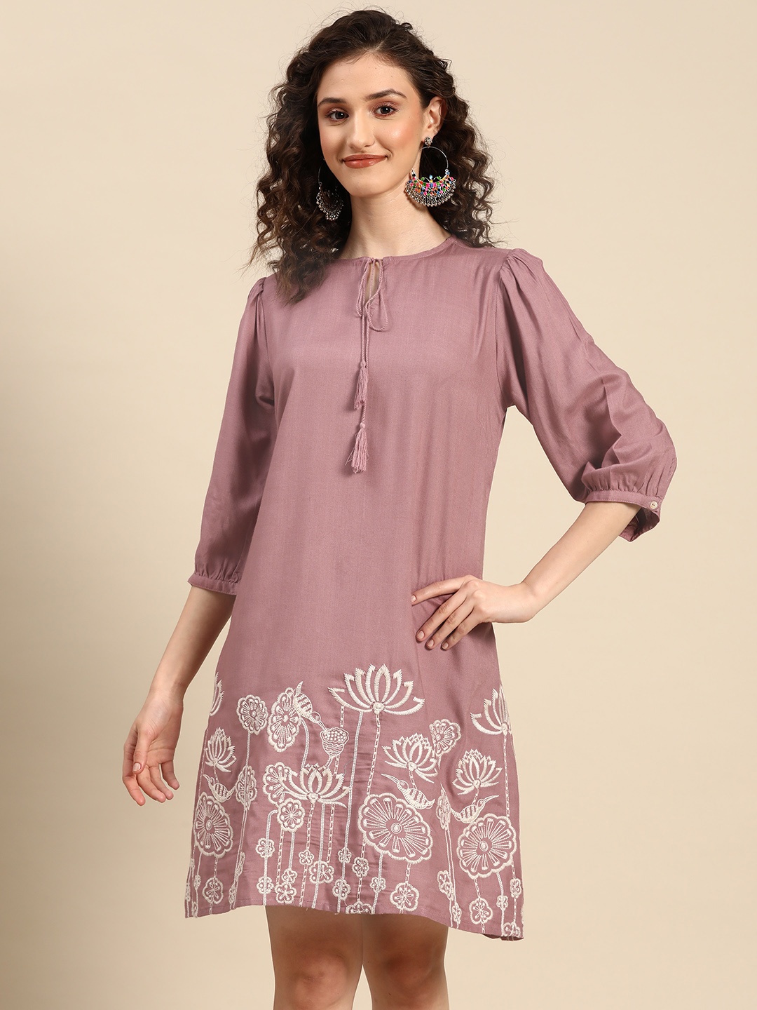 

INDYES Floral Embroidered Tie-Up Neck A-Line Dress, Purple