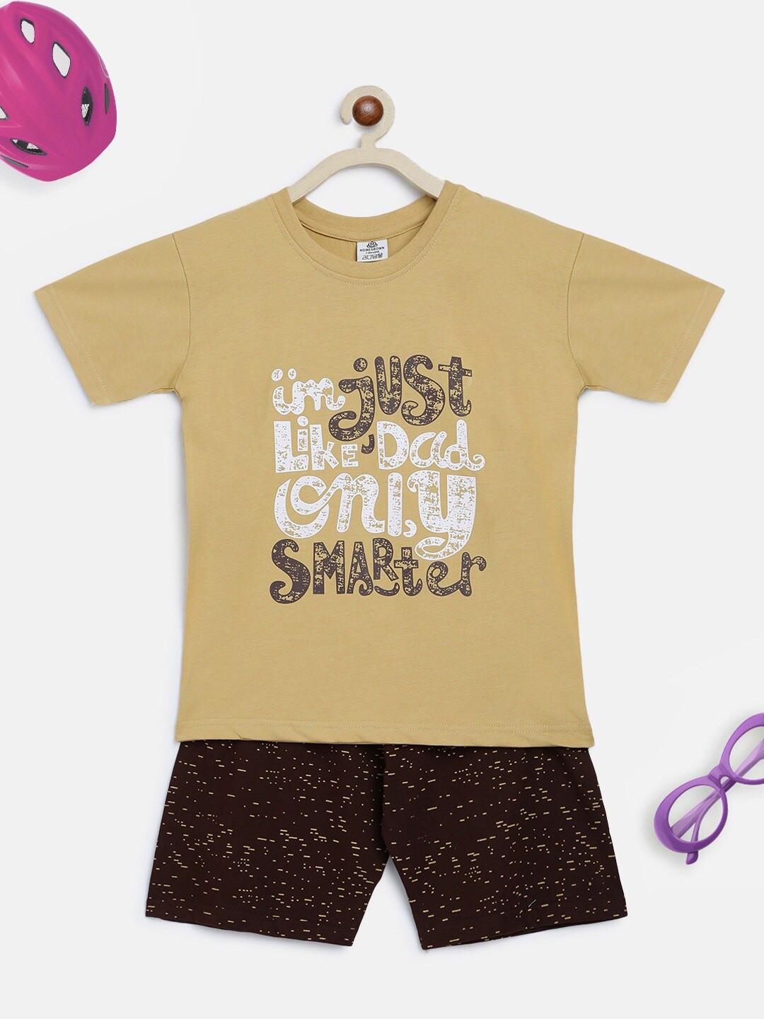 

HOMEGROWN Boys Typography Printed Night Suit, Beige