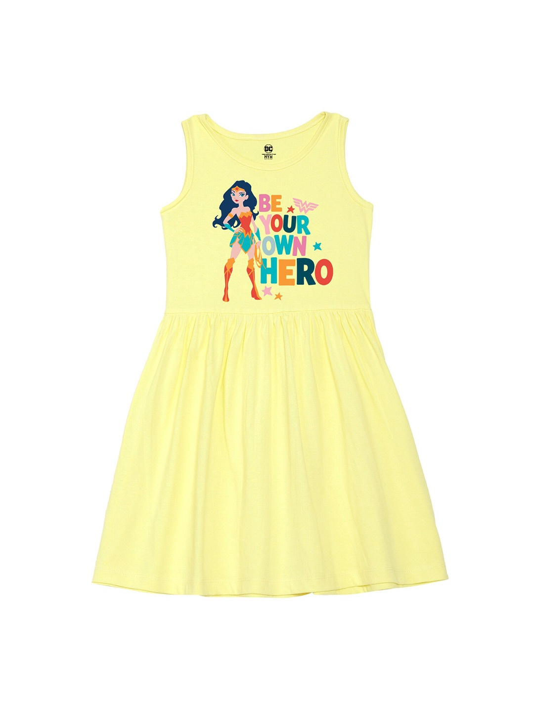 

Wear Your Mind Girls Round Neck Supergirl Printed Pure Cotton A-Line Dress, Yellow