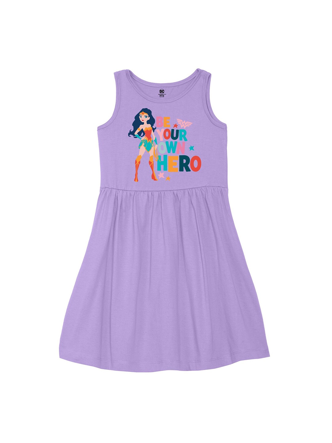 

Wear Your Mind Girls Round Neck Supergirl Printed Pure Cotton A-Line Dress, Purple