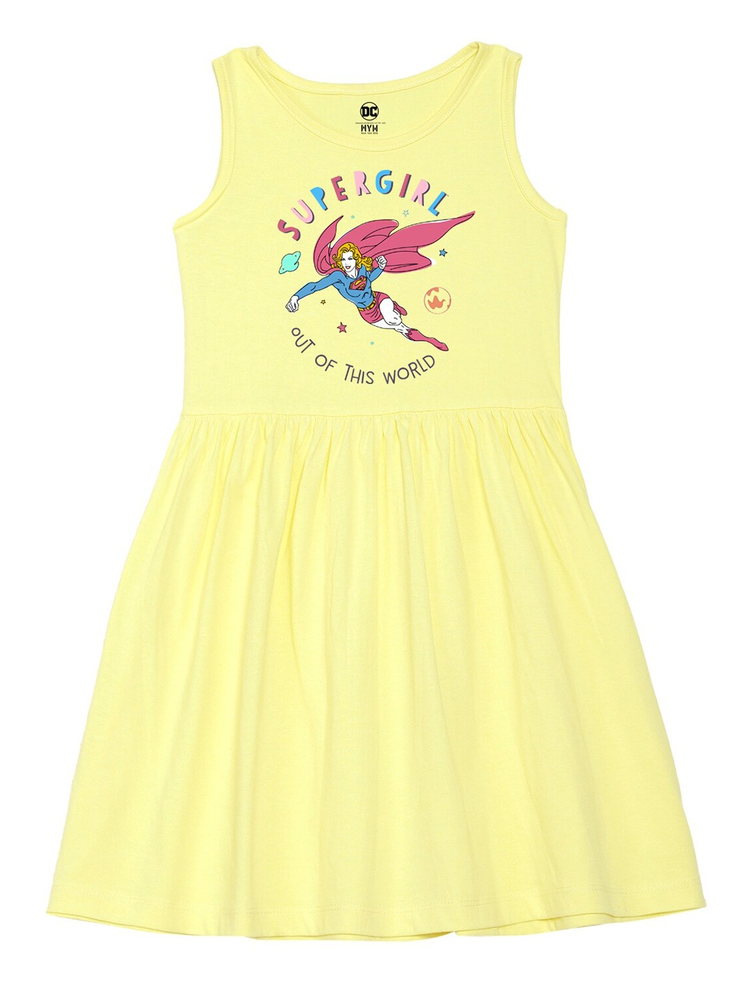 

Wear Your Mind Girls Round Neck Supergirl Printed Pure Cotton A-Line Dress, Yellow