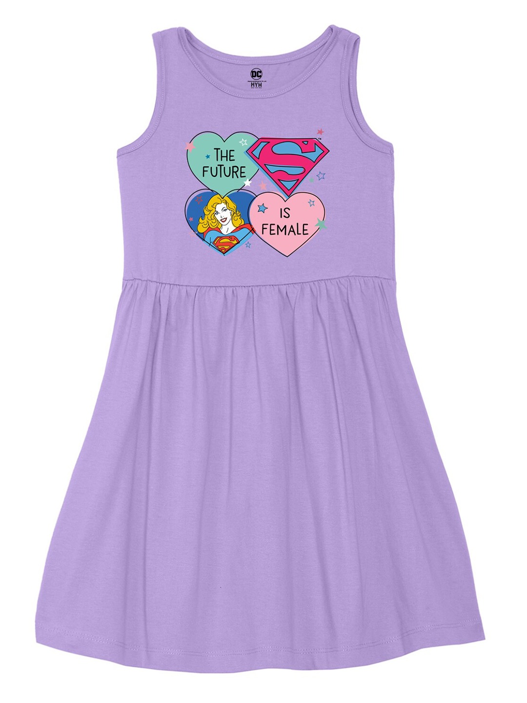 

Wear Your Mind Girls Round Neck Supergirl Printed Pure Cotton A-Line Dress, Purple