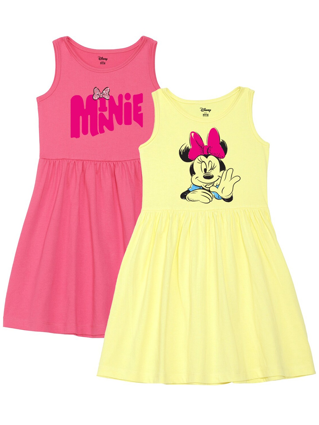 

Wear Your Mind Girls Pack of 2 Minnie Mouse Printed Fit and Flare Dress, Yellow