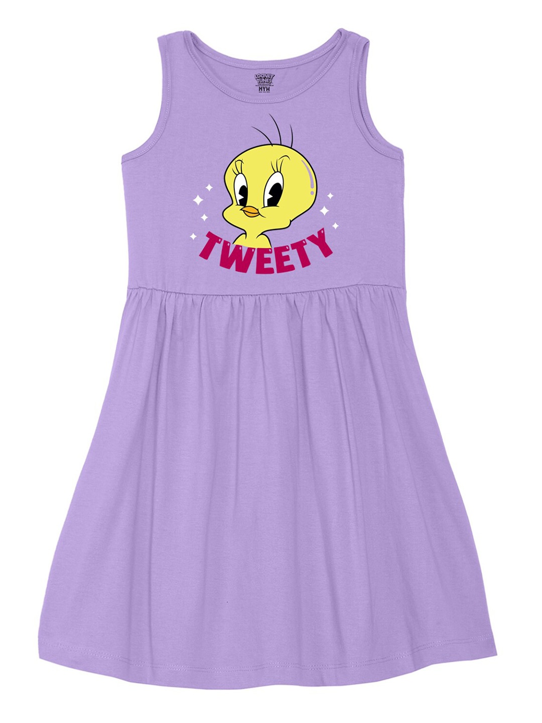 

Wear Your Mind Girls Round Neck Tweety Printed Pure Cotton A-Line Dress, Purple