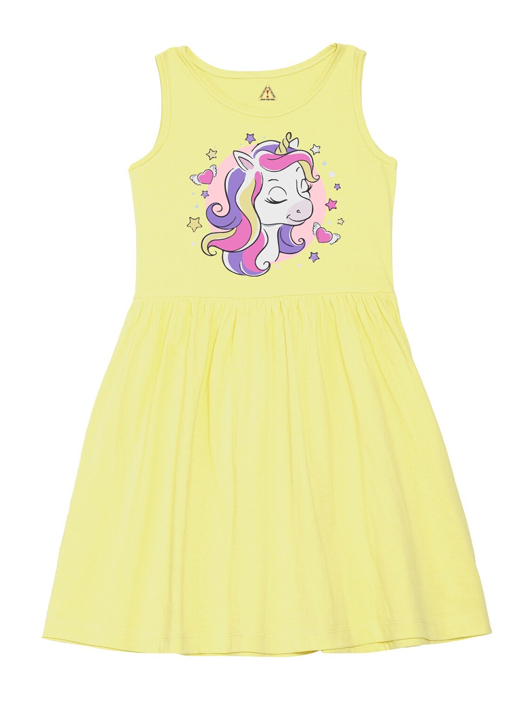 

Wear Your Mind Girls Unicorn Printed Fit and Flare Cotton Dress, Yellow