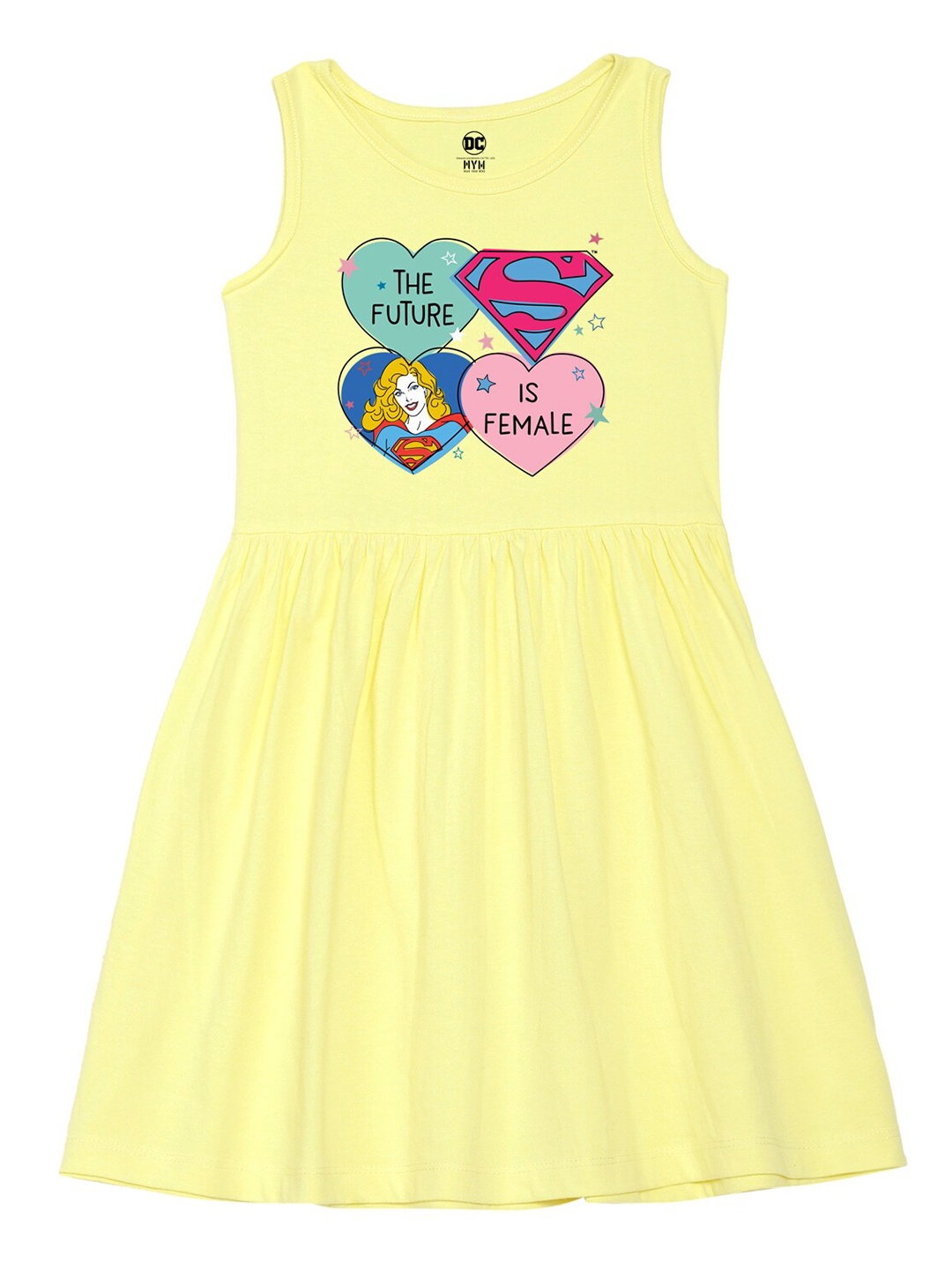 

Wear Your Mind Girls Supergirl Printed Fit and Flare Cotton Dress, Yellow