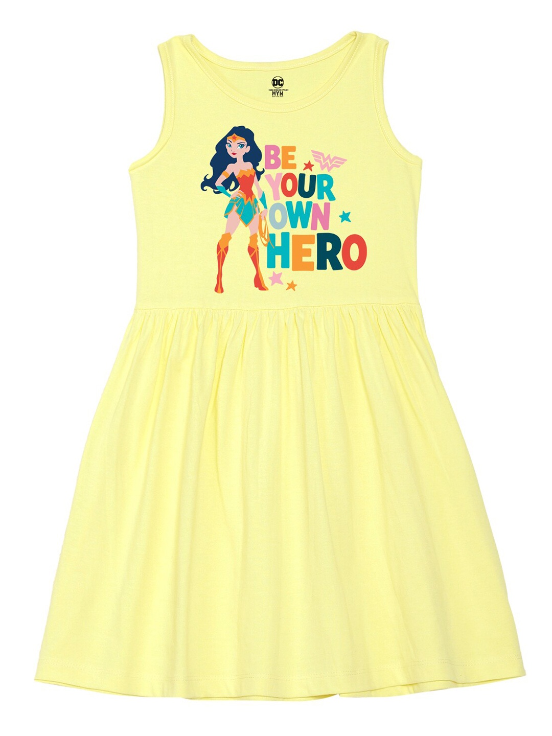 

Wear Your Mind Girls Wonder Women Printed Fit and Flare Dress, Yellow