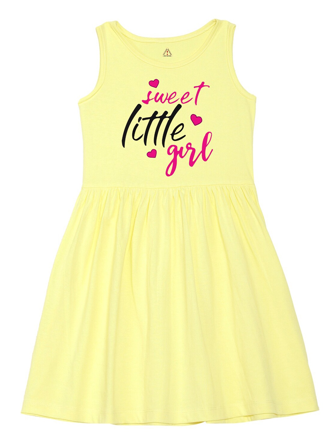 

Wear Your Mind Girls Round Neck Typography Printed Pure Cotton A-Line Dress, Yellow