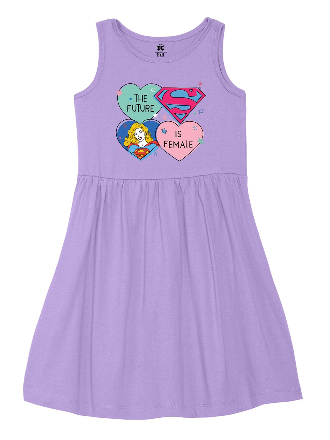 

Wear Your Mind Girls Round Neck Supergirl Printed Pure Cotton A-Line Dress, Purple