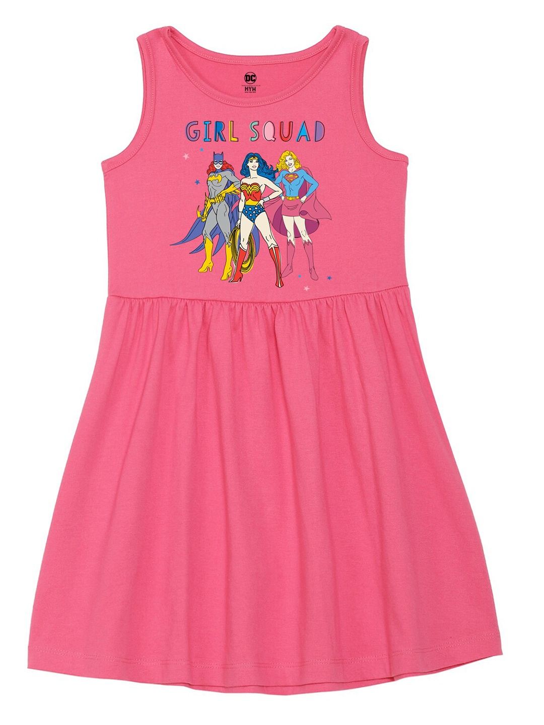 

Wear Your Mind Girls Justice League Printed Fit and Flare Cotton Dress, Pink