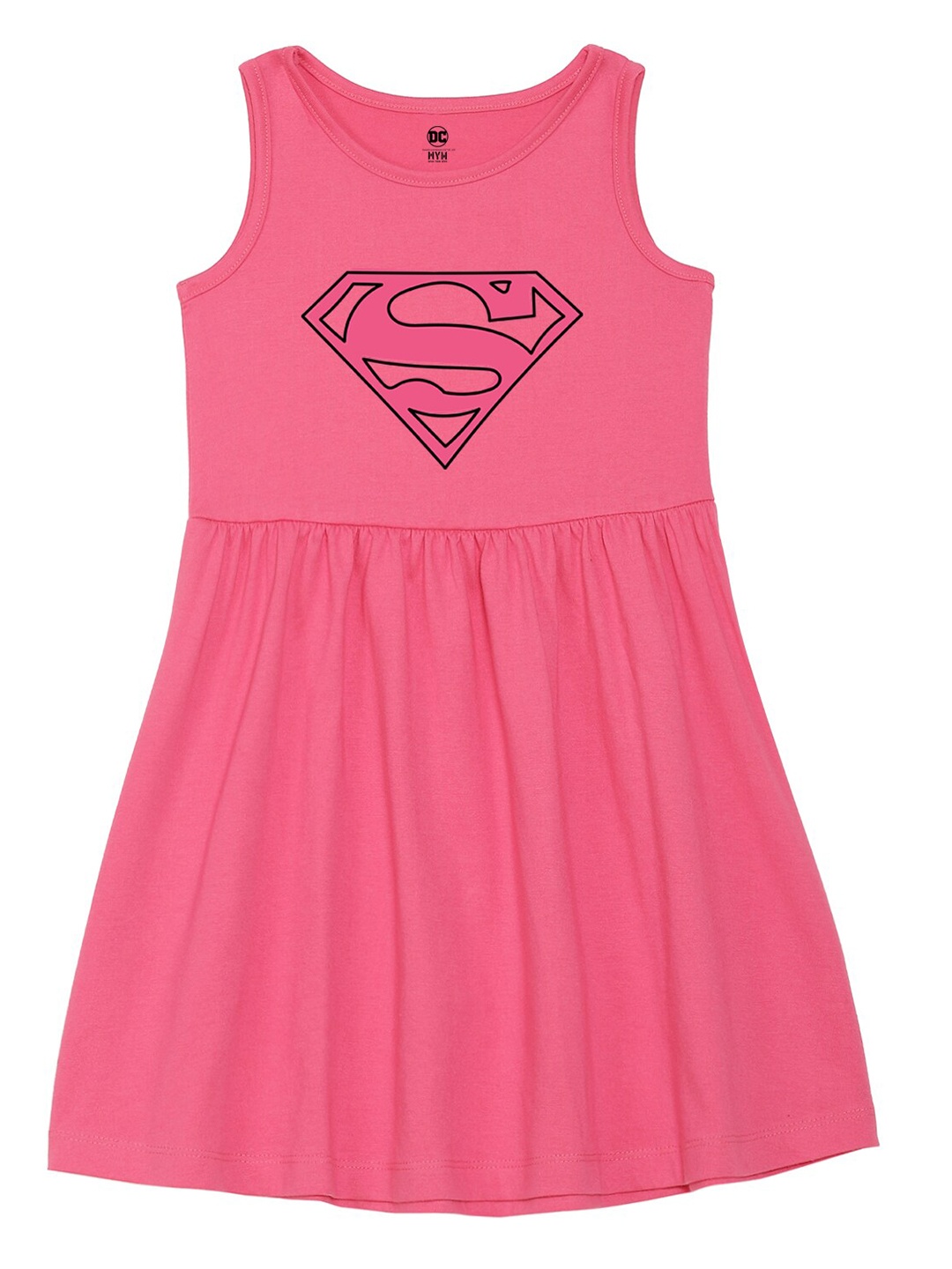 

Wear Your Mind Girls Superman Printed Fit and Flare Cotton Dress, Pink