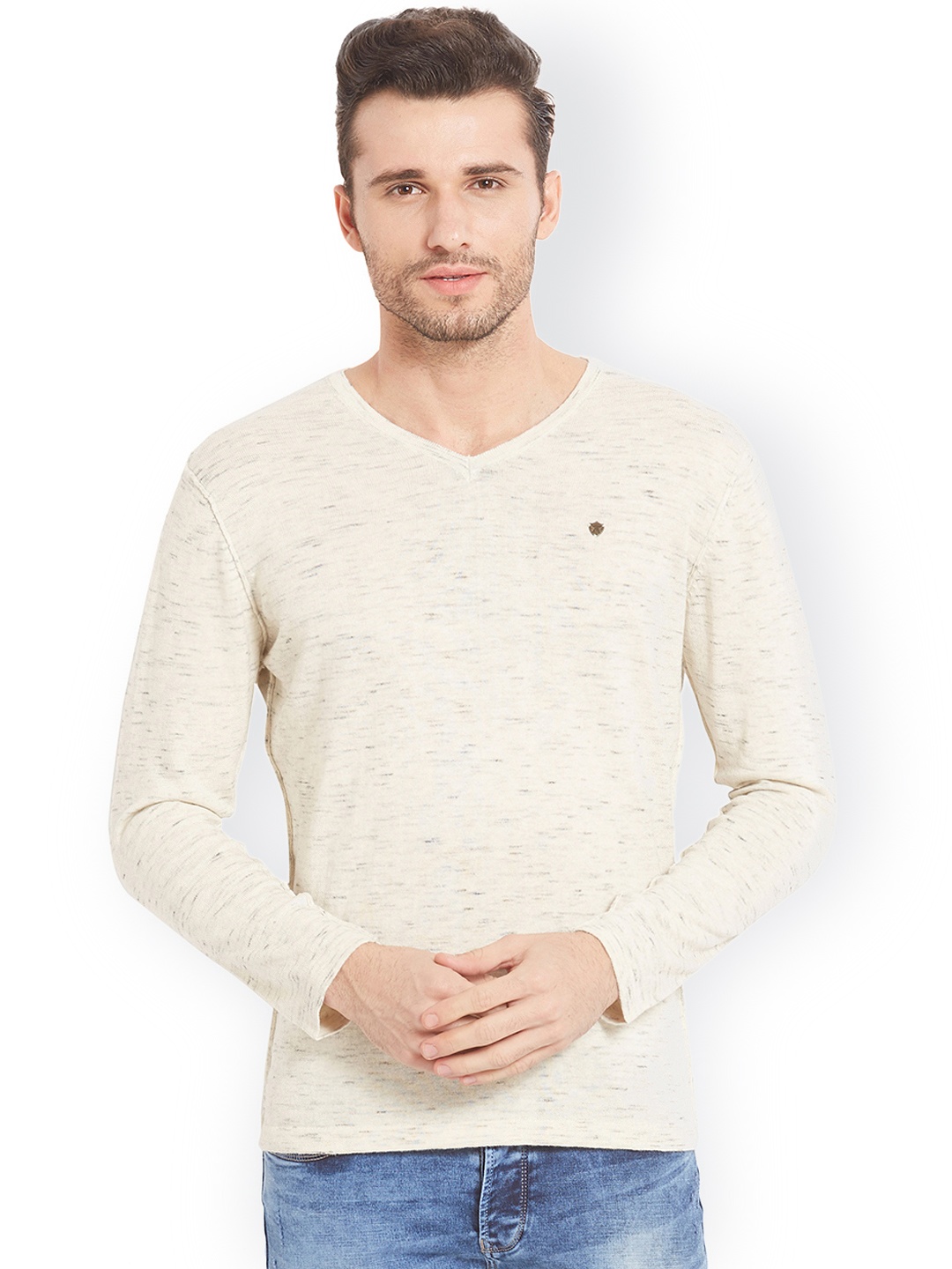 

SPYKAR Men Cream-Coloured Self-Design V-Neck T-shirt