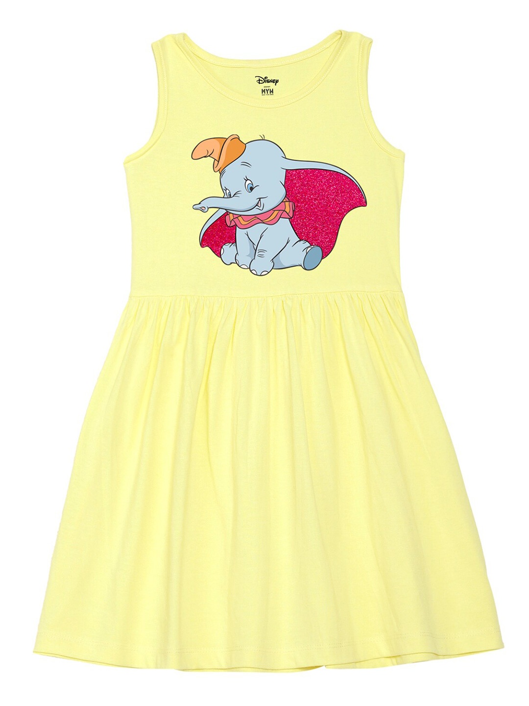 

Wear Your Mind Girls Round Neck Dumbo Printed Pure Cotton A-Line Dress, Yellow
