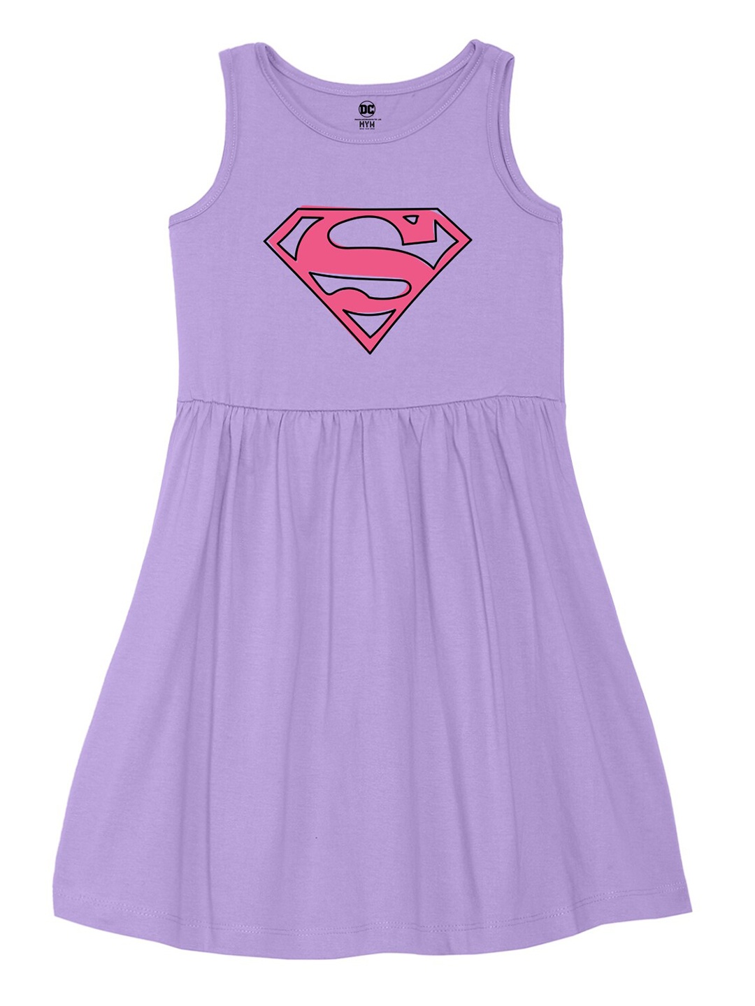 

Wear Your Mind Girls Round Neck Superman Shield Printed Pure Cotton A-Line Dress, Purple