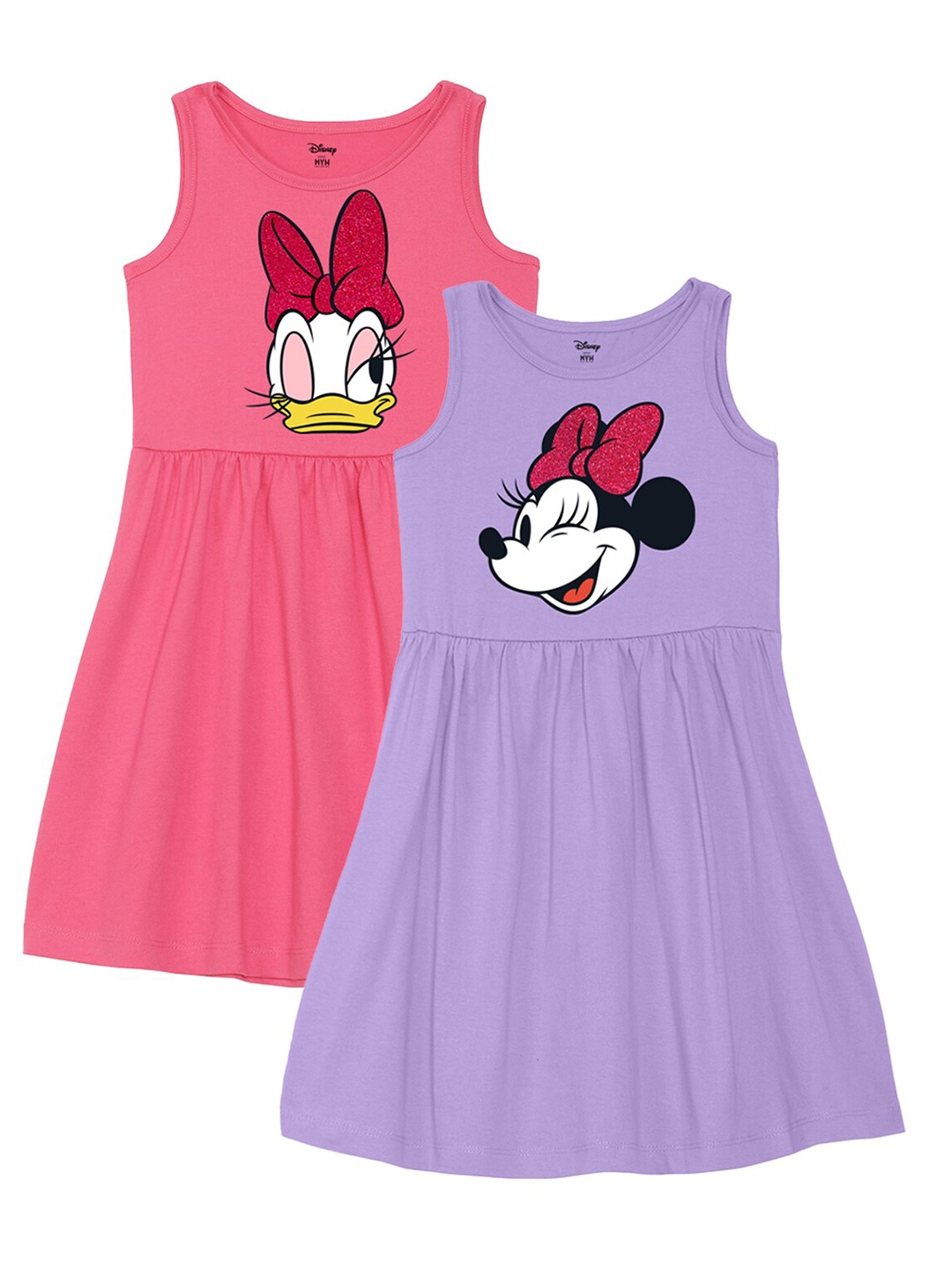 

Wear Your Mind Girls Pack Of 2 Round Neck Mickey Mouse Printed Pure Cotton A-Line Dress, Pink