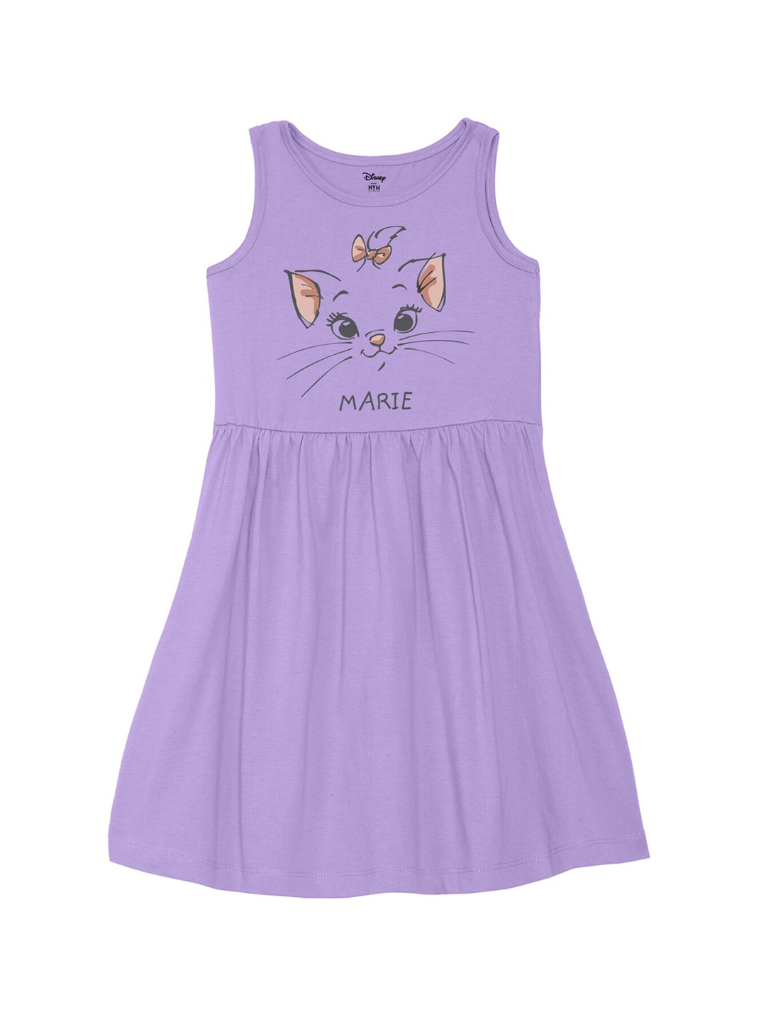 

Wear Your Mind Girls Round Neck Aristocats Printed Pure Cotton A-Line Dress, Purple