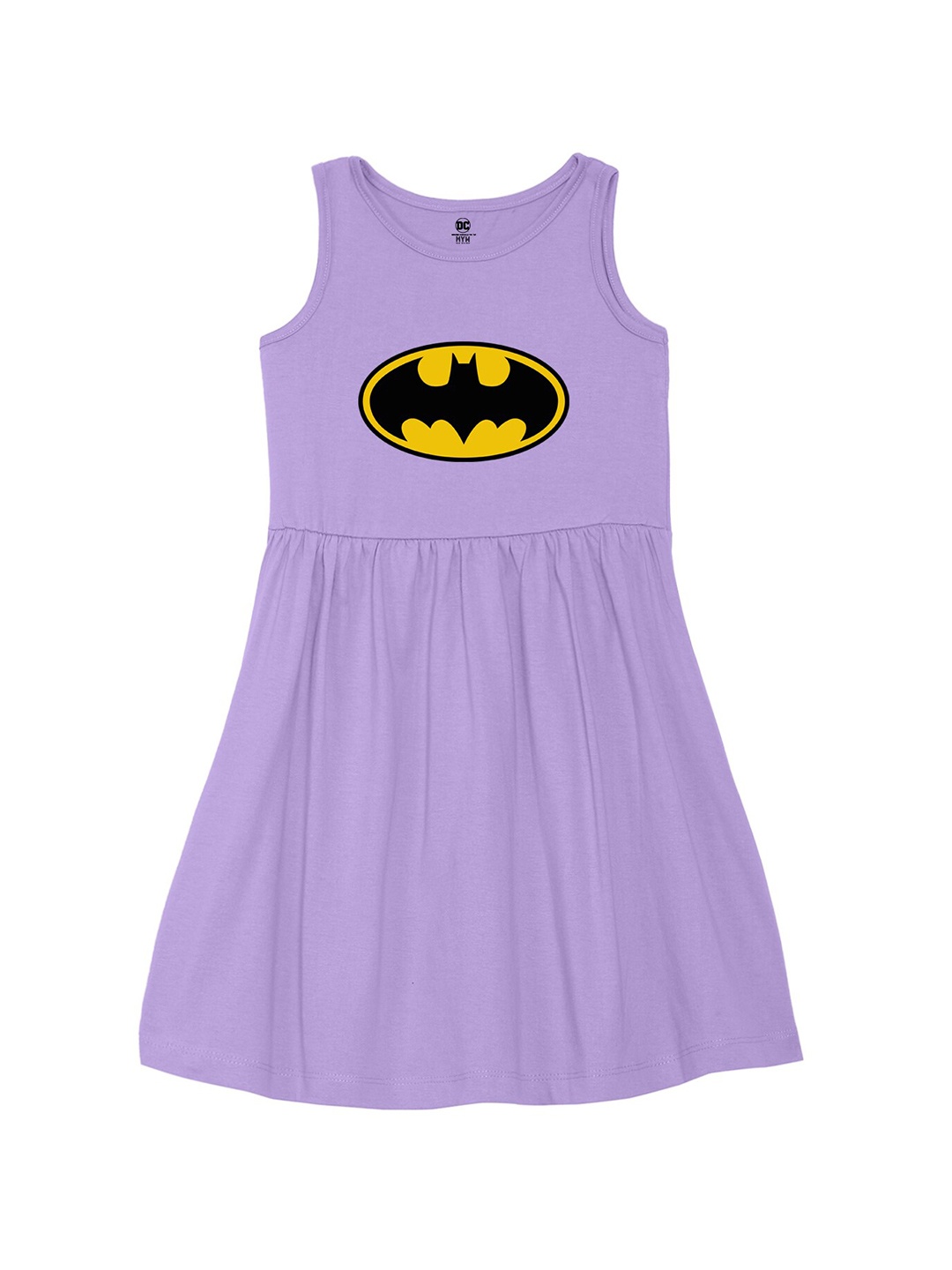 

Wear Your Mind Girls Round Neck Batman Printed Pure Cotton A-Line Dress, Purple