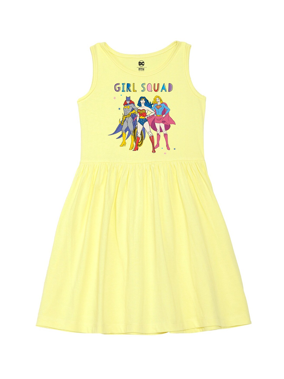 

Wear Your Mind Girls Justice League Printed Fit and Flare Cotton Dress, Yellow