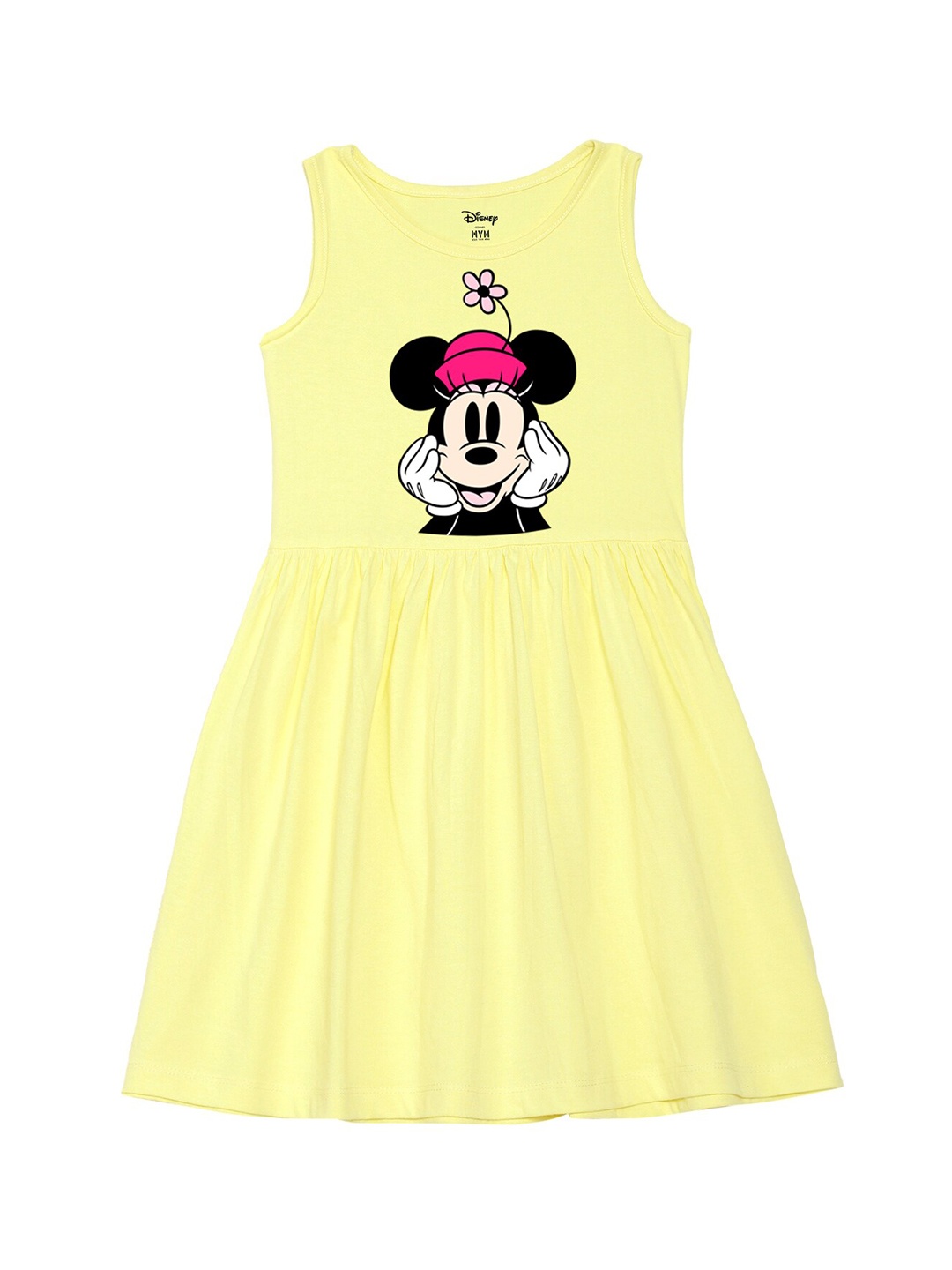 

Wear Your Mind Girls Round Neck Minnie Printed Pure Cotton A-Line Dress, Yellow