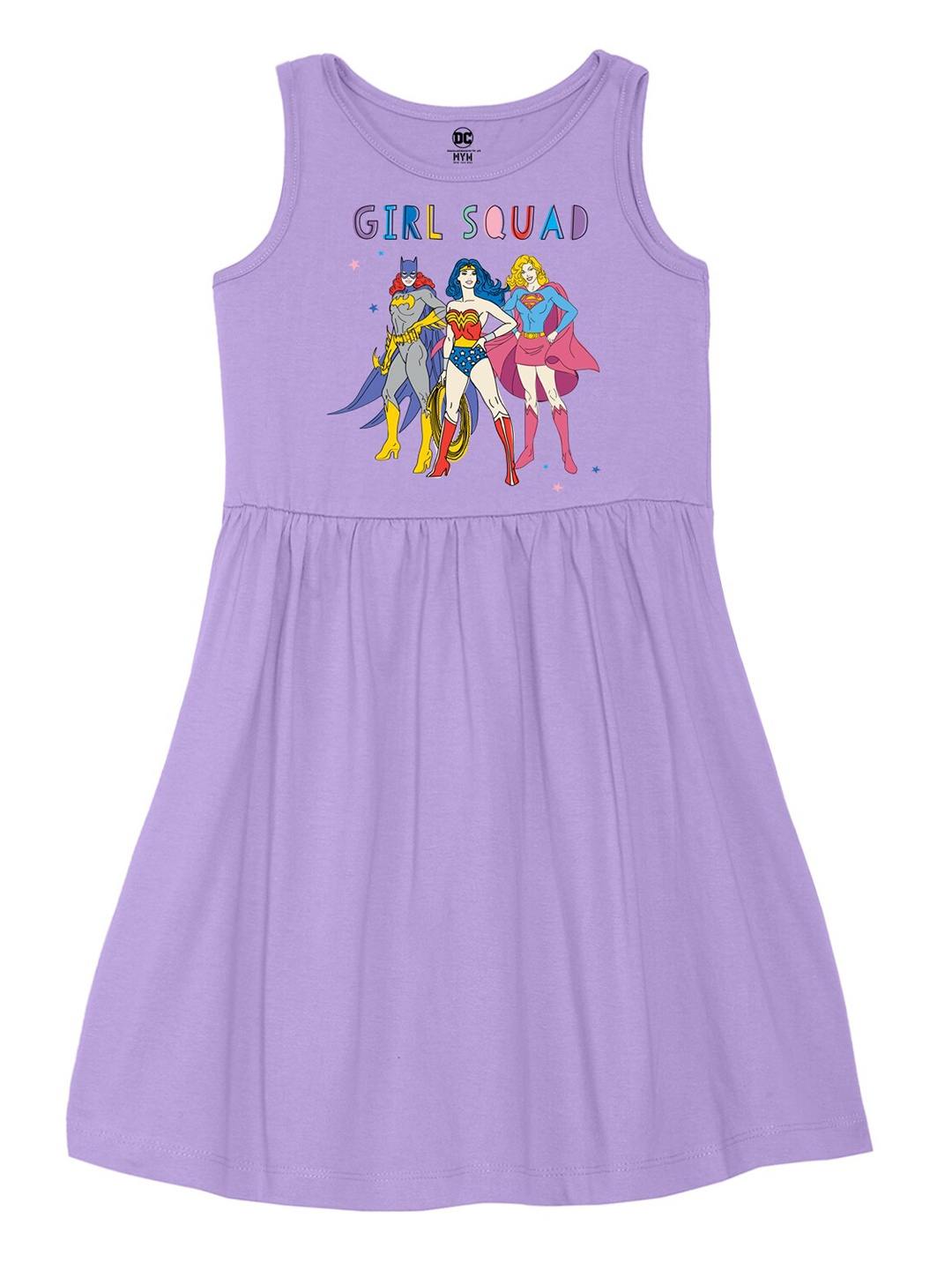

Wear Your Mind Girls Round Neck Supergirl Printed Pure Cotton A-Line Dress, Purple