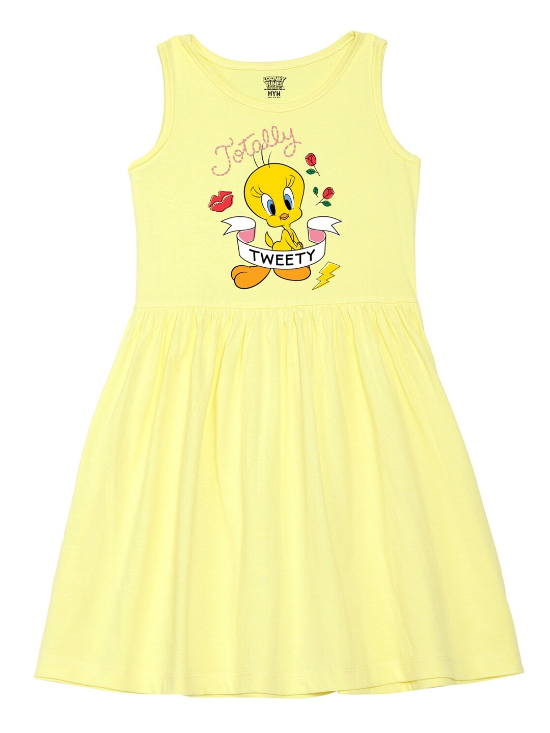 

Wear Your Mind Girls Round Neck Tweety Printed Pure Cotton A-Line Dress, Yellow