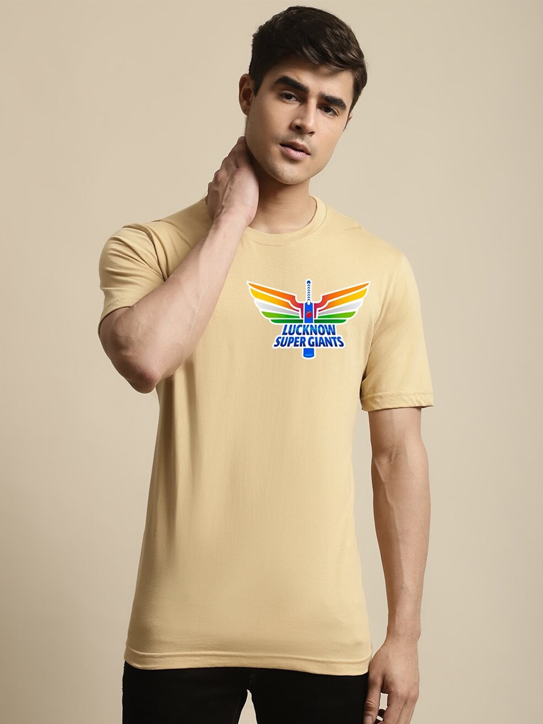 

Miaz Lifestyle Lucknow Super Gaints Printed Round Neck Cotton T-shirt, Beige