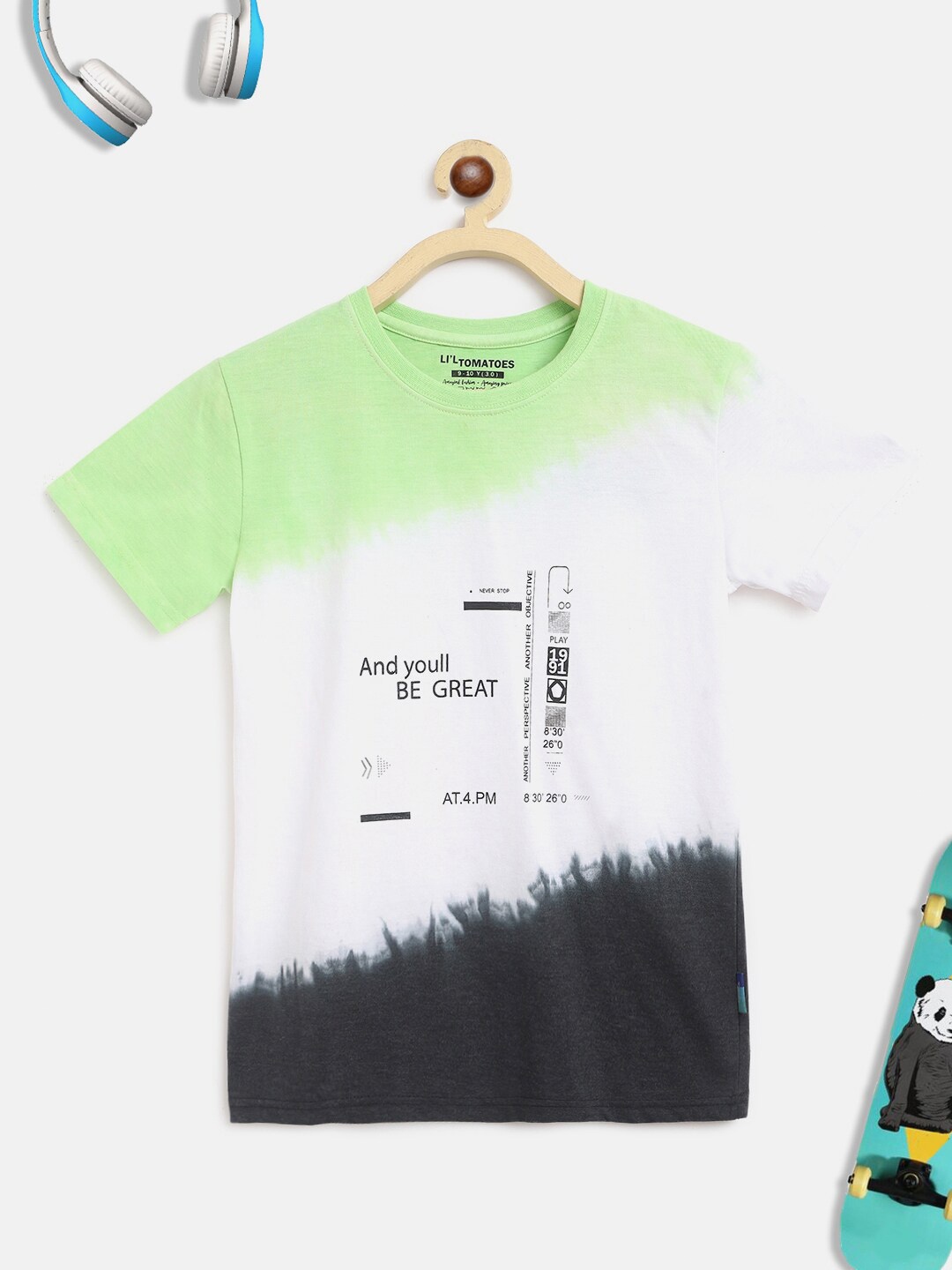 

Lil Tomatoes Typography Tie & Dye Round Neck Cotton T-shirt, Green