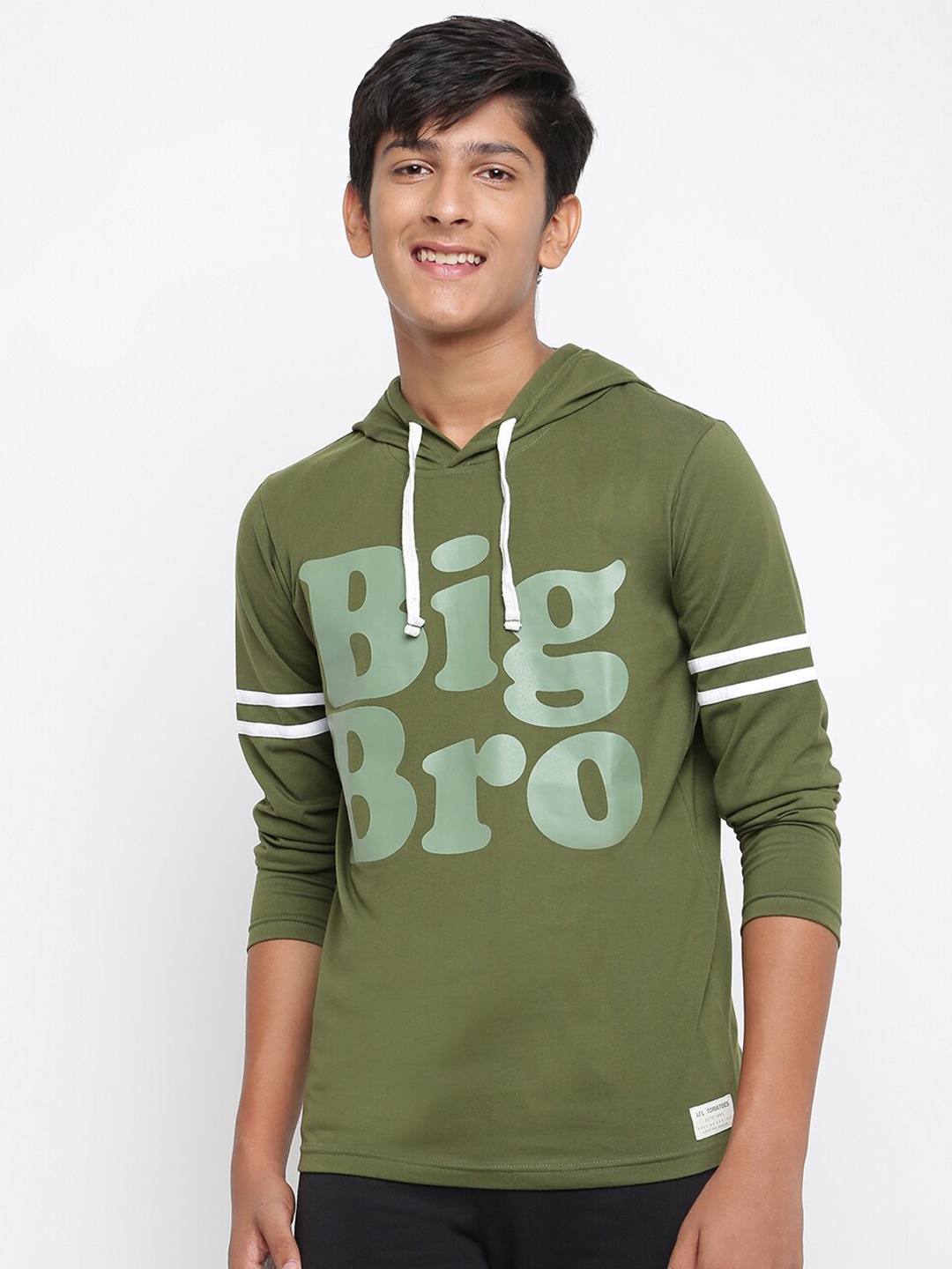 

Lil Tomatoes Boys Typography Long Sleeve Hooded T-shirt, Olive