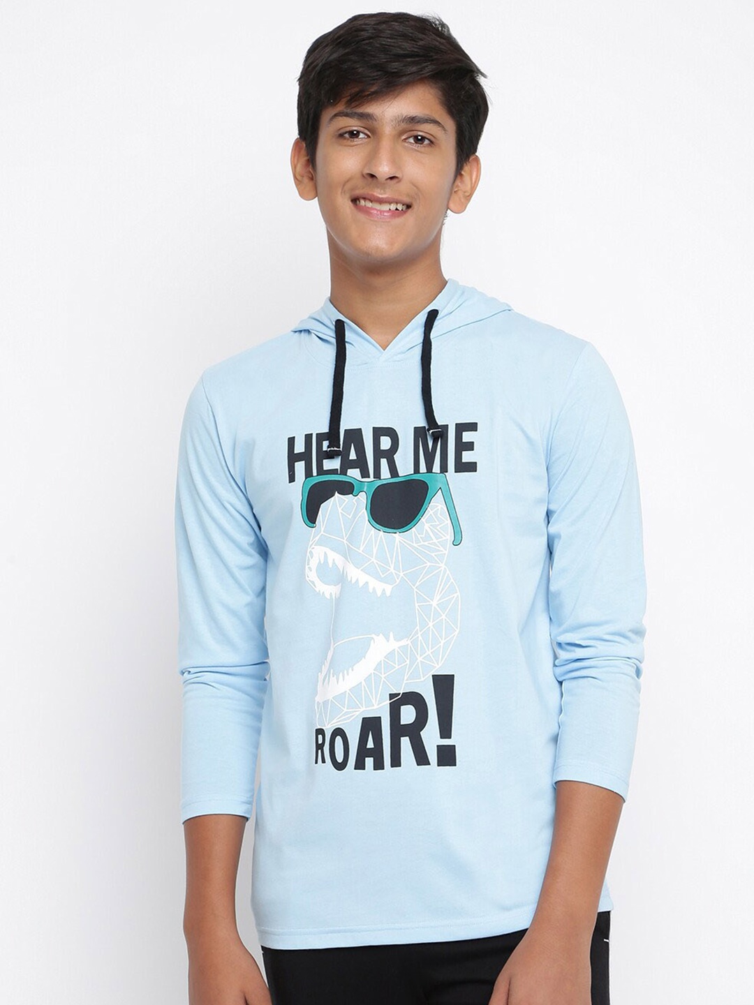 

Lil Tomatoes Boys Typography Printed Hooded Neck Cotton T-shirt, Blue