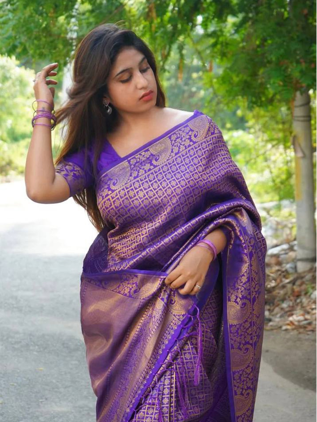 

TIEXA Ethnic Motif Pure Silk Banarasi Zari Saree, Purple