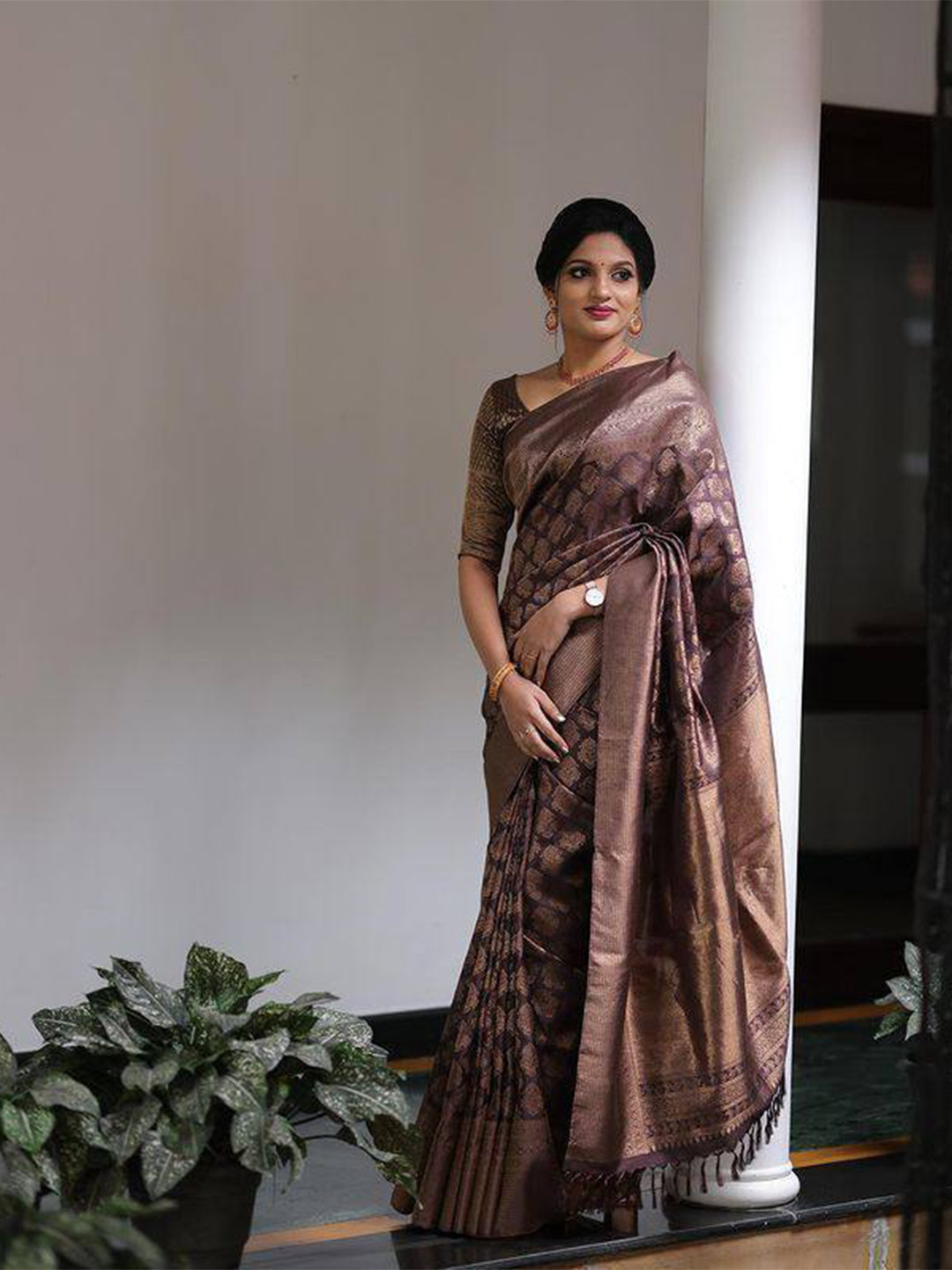 

TIEXA Ethnic Motif Pure Silk Banarasi Zari Saree, Brown