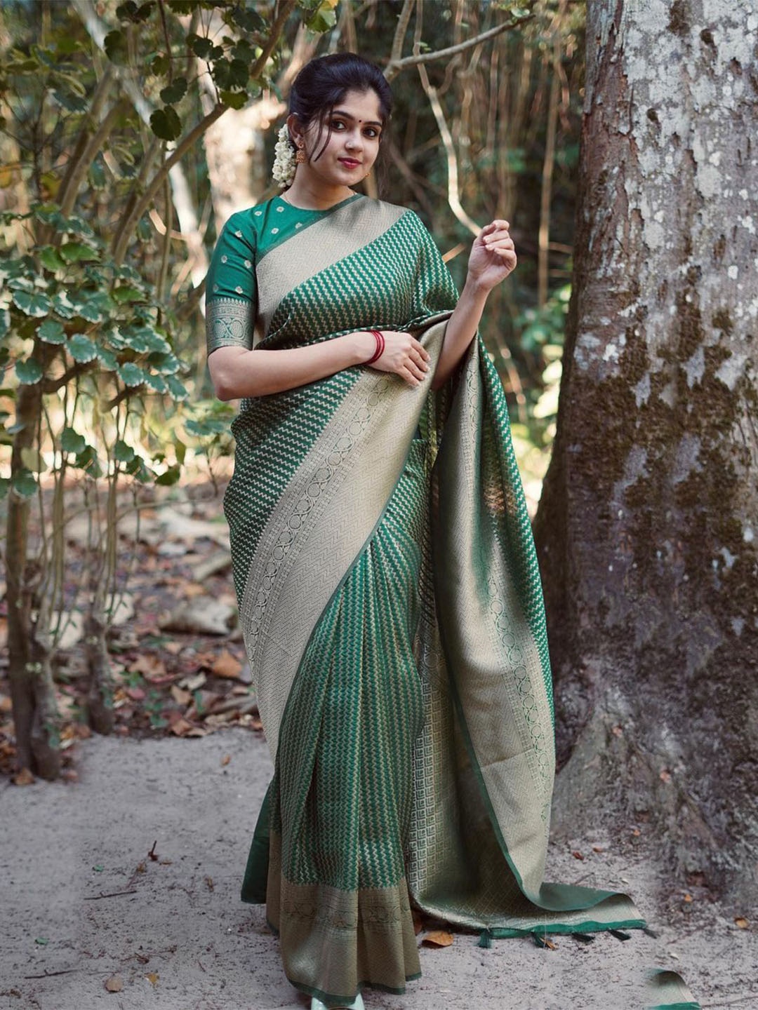 

TIEXA Geometric Woven Design Zari Pure Silk Banarasi Saree, Green