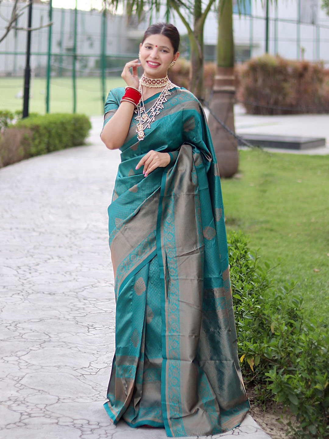 

TIEXA Ethnic Motif Woven Design Zari Pure Silk Banarasi Saree, Teal