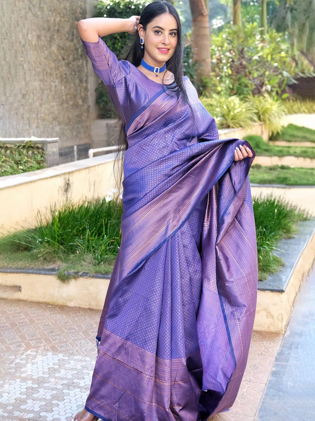 

TIEXA Ethnic Woven Design Zari Pure Silk Banarasi Saree, Blue