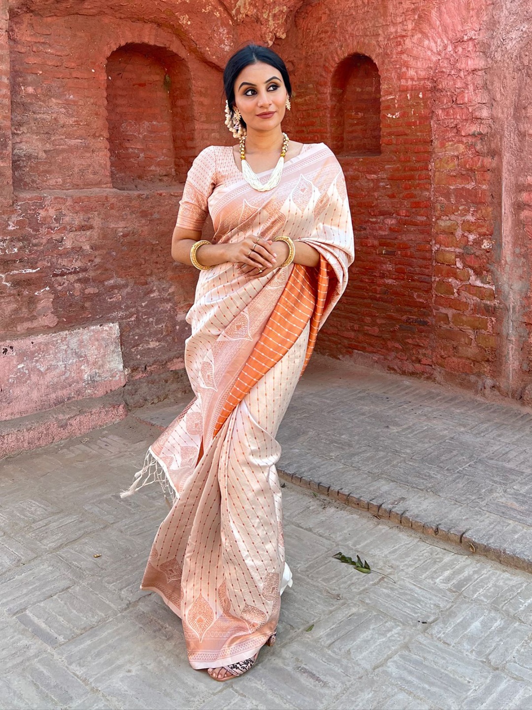 

TIEXA Woven Design Zari Pure Silk Banarasi Saree, Orange
