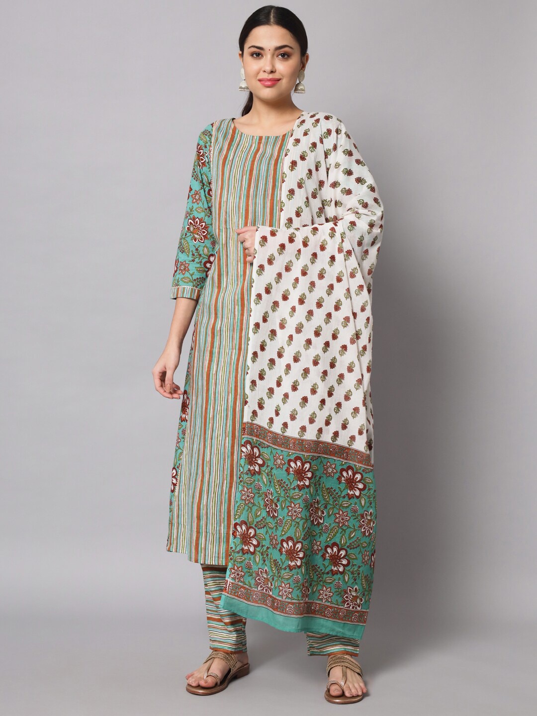 

Sutidora Floral Printed Pure Cotton Kurta with Trousers & Dupatta, Turquoise blue