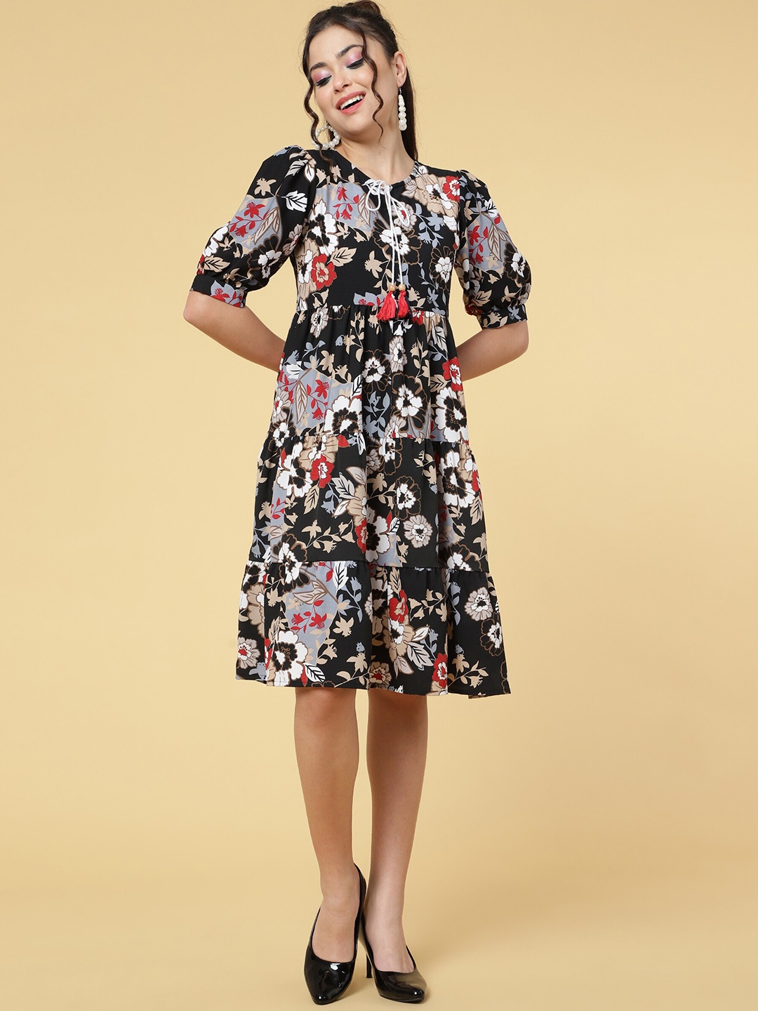 

J Turritopsis Floral Print Fit & Flare Dress, Black