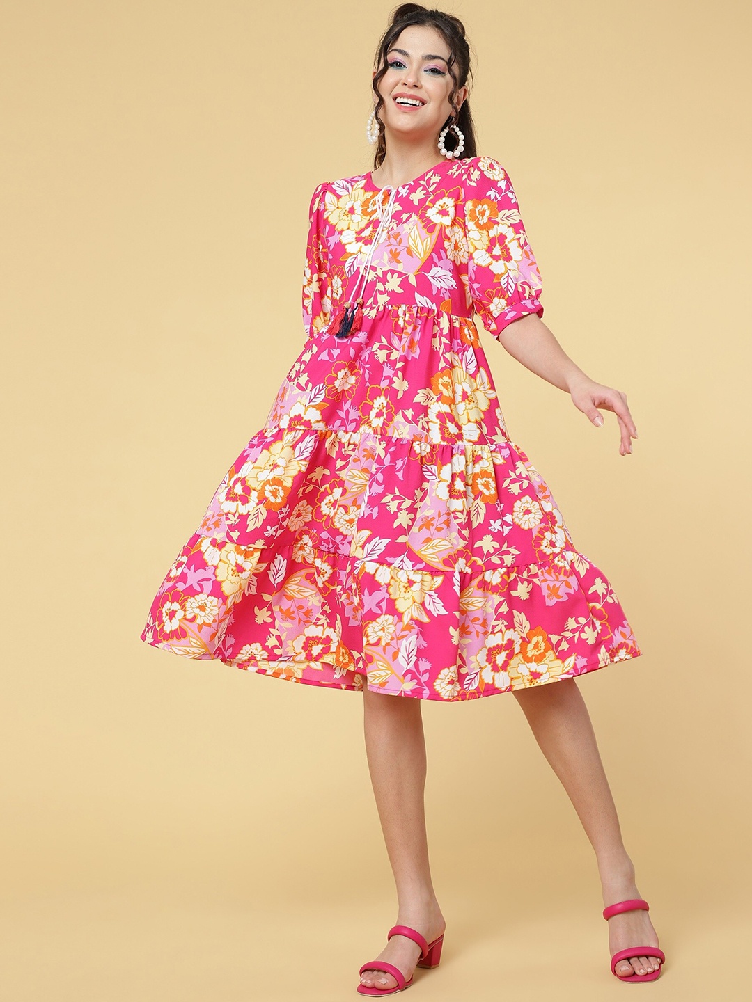 

J Turritopsis Floral Printed Tie-Up Neck Tiered Fit & Flare Dress, Pink