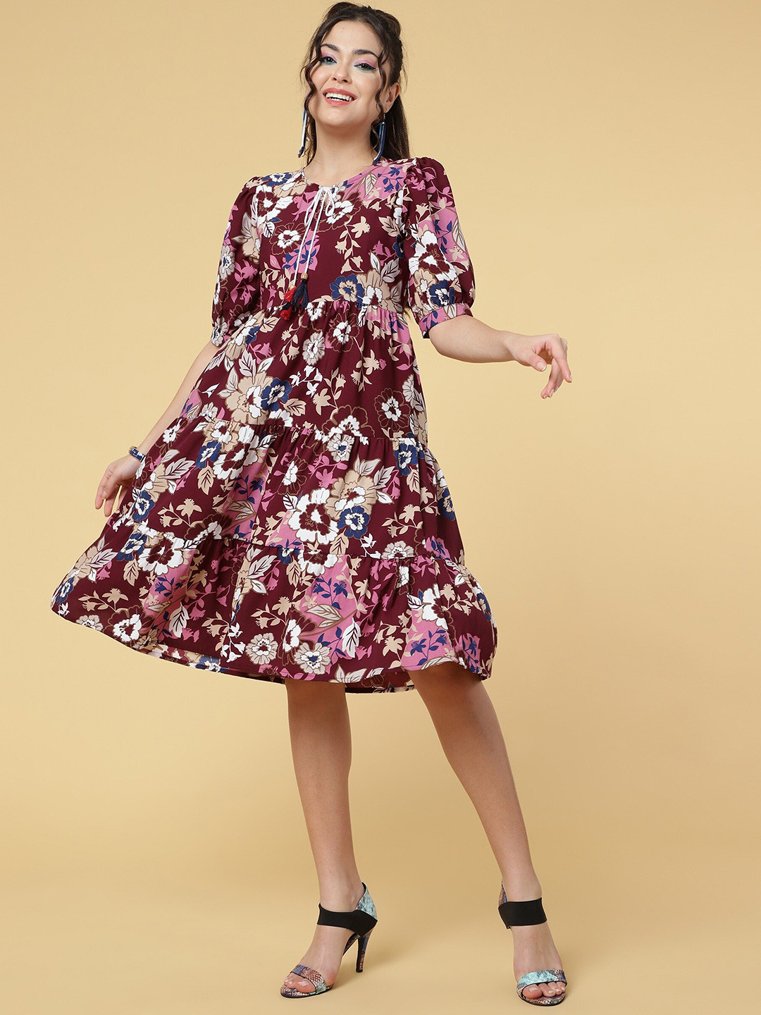 

J Turritopsis Floral Printed Tie-Up Neck Tiered Fit & Flare Dress, Maroon