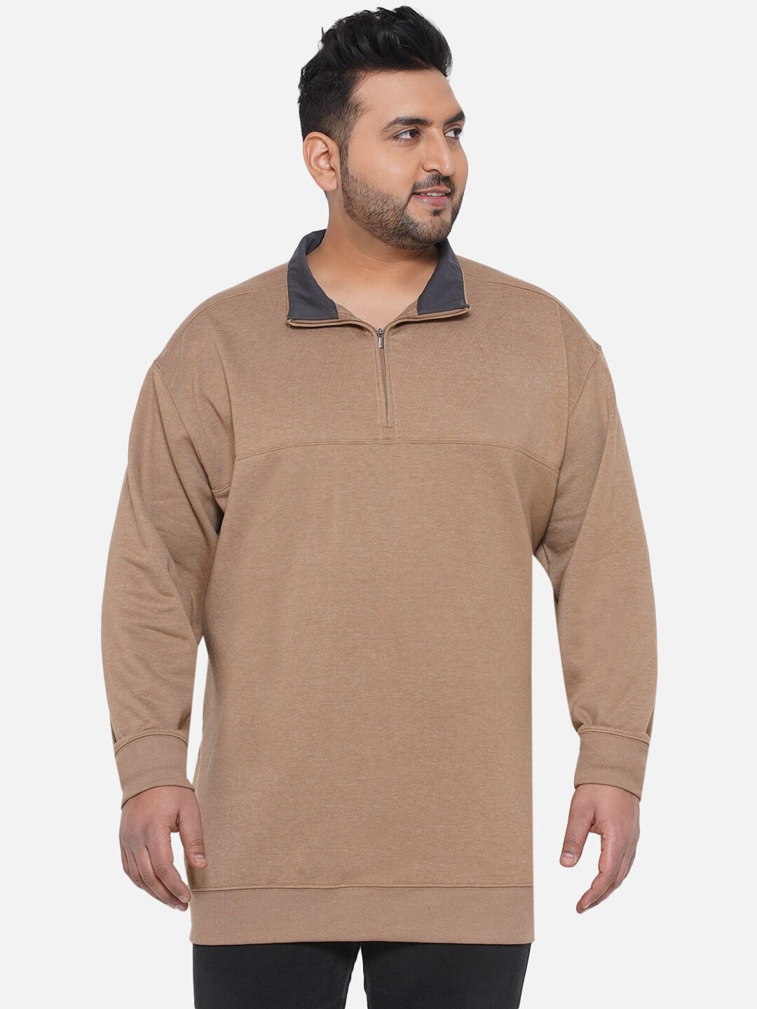 

Santonio Men Plus Size Mock Collar Pure Cotton Sweatshirt, Beige