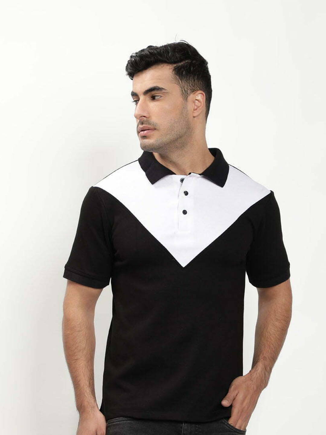 

TheBlackLover Colourblocked Polo Collar Cotton T-shirt, Black